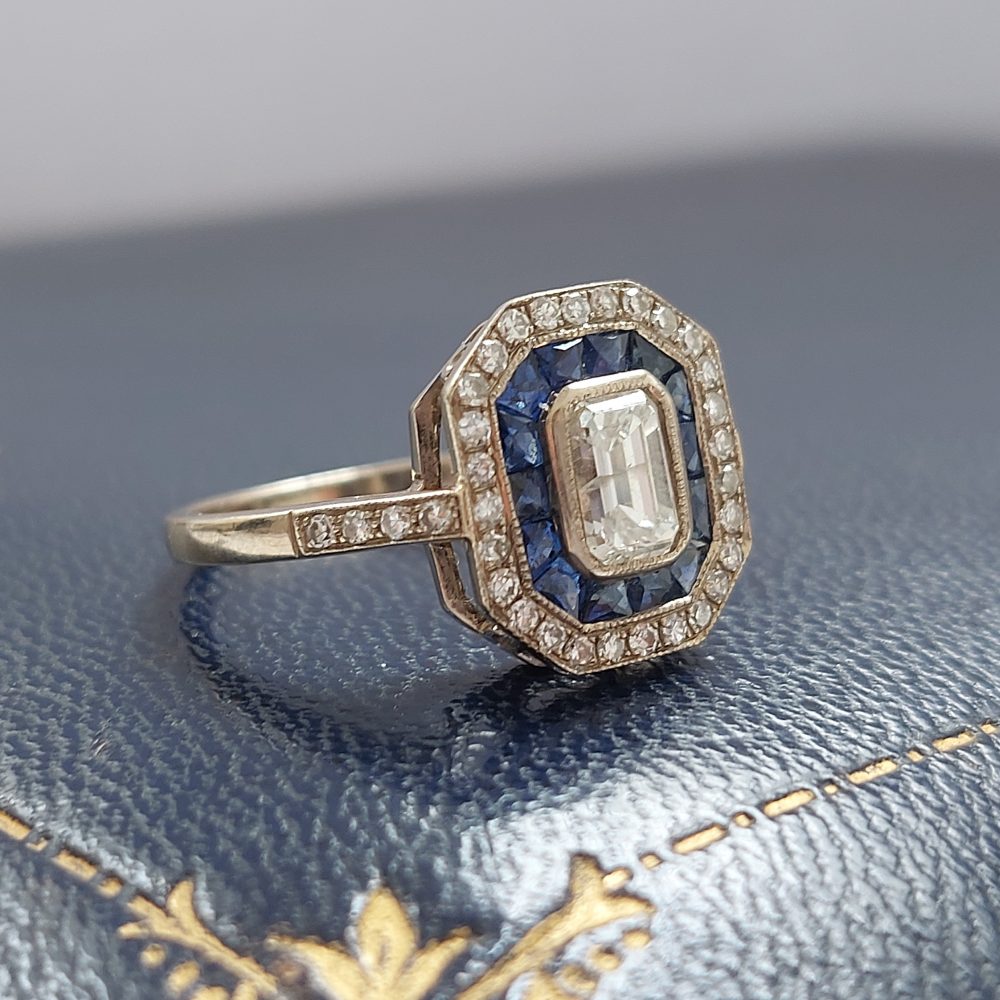 Art Deco Style 0.70ct Diamond and Sapphire Target Cluster Ring