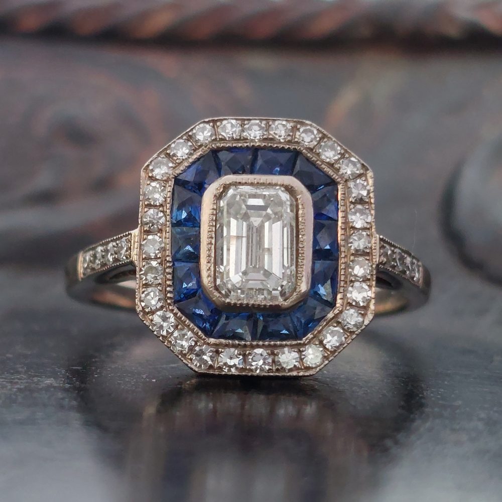 Art Deco Style 0.70ct Diamond and Sapphire Target Cluster Ring