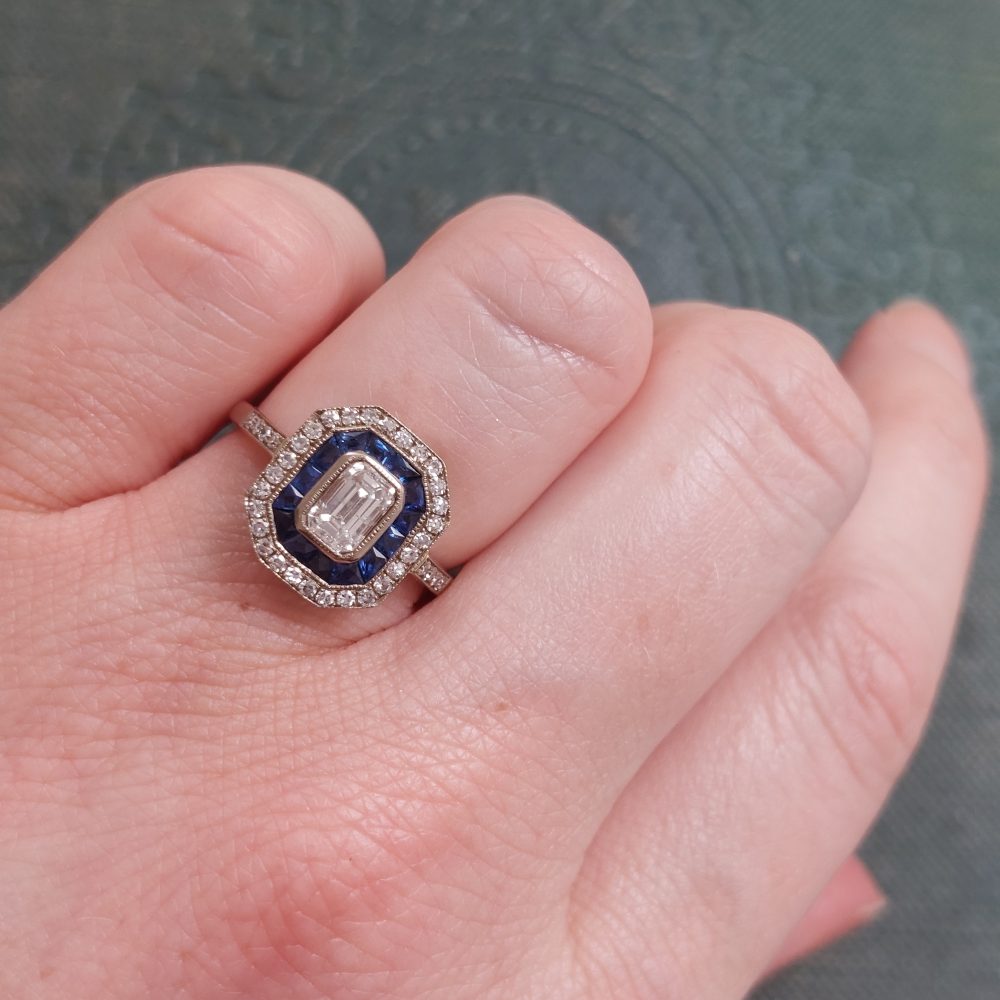 Art Deco Style 0.70ct Diamond and Sapphire Target Cluster Ring