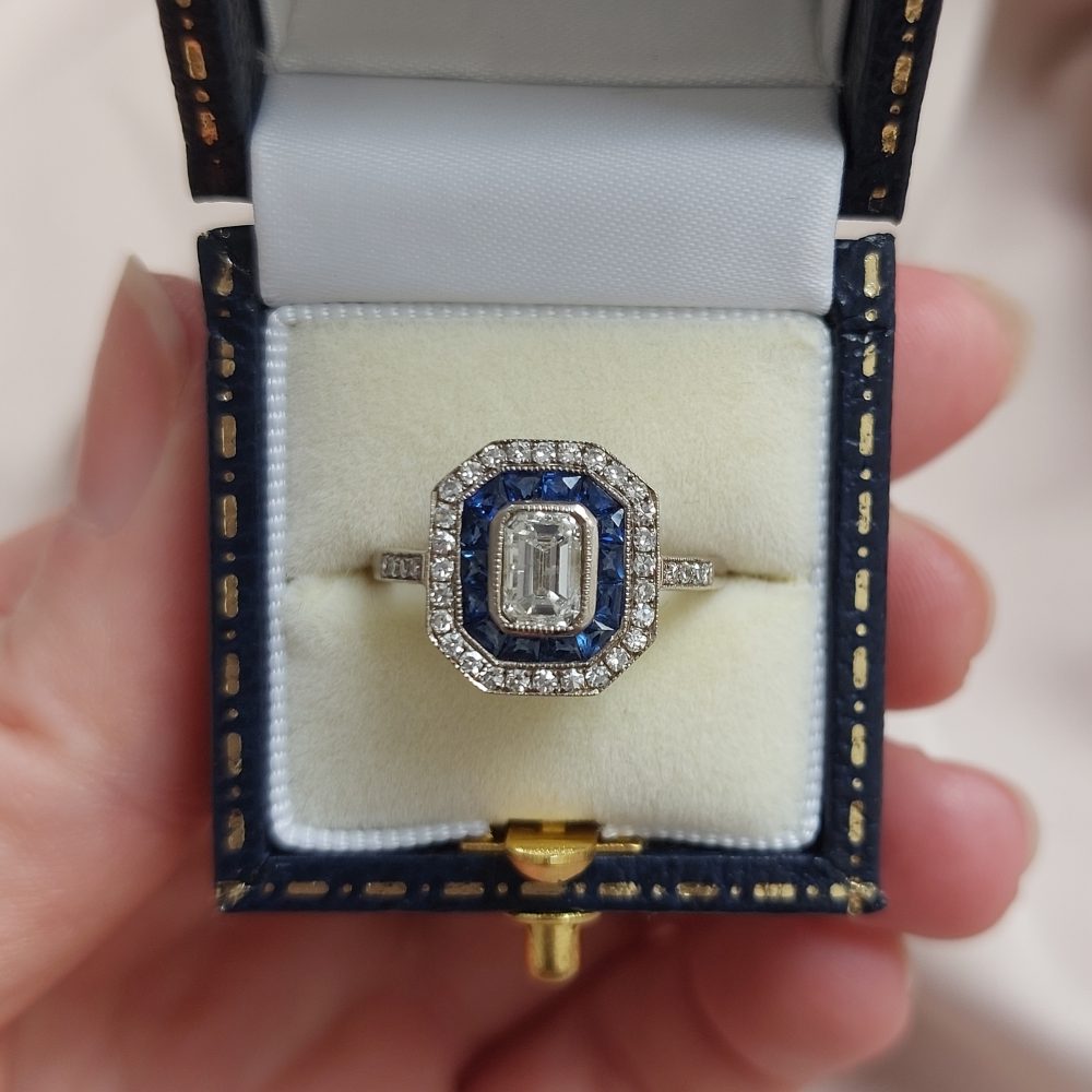 Art Deco Style 0.70ct Diamond and Sapphire Target Cluster Ring