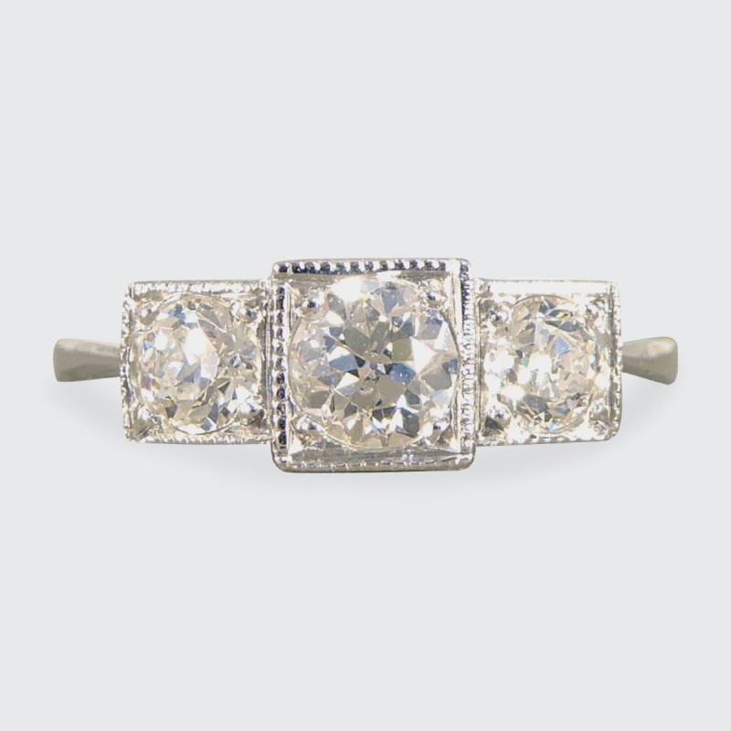 Art Deco Style 0.70ct Old Cut Diamond Three Stone Geometric Ring