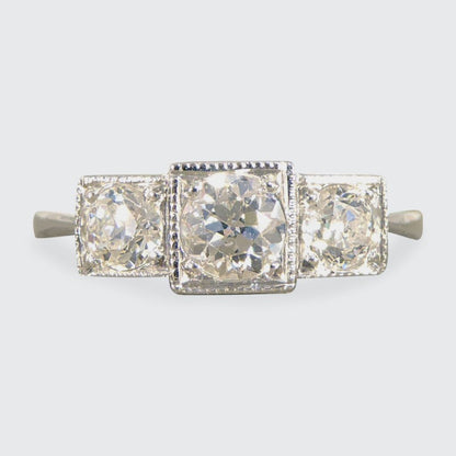 Art Deco Style 0.70ct Old Cut Diamond Three Stone Geometric Ring