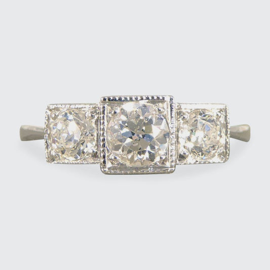 Art Deco Style 0.70ct Old Cut Diamond Three Stone Geometric Ring