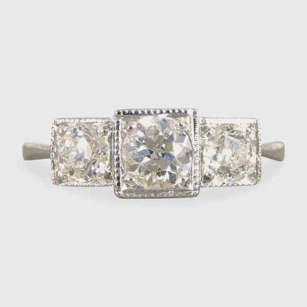Art Deco Style 0.70ct Old Cut Diamond Three Stone Geometric Ring