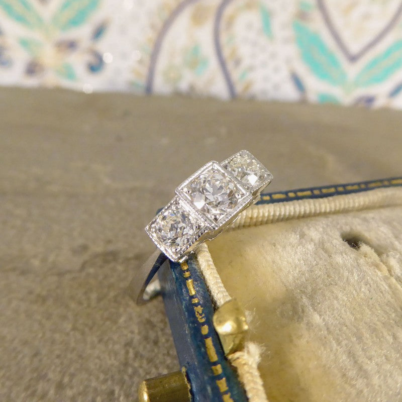Art Deco Style 0.70ct Old Cut Diamond Three Stone Geometric Ring
