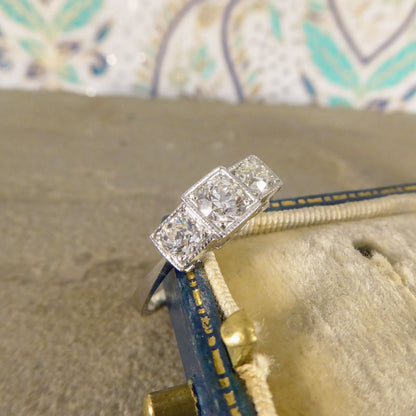 Art Deco Style 0.70ct Old Cut Diamond Three Stone Geometric Ring
