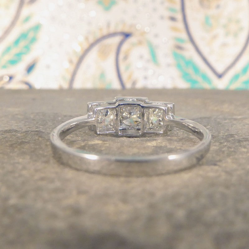 Art Deco Style 0.70ct Old Cut Diamond Three Stone Geometric Ring