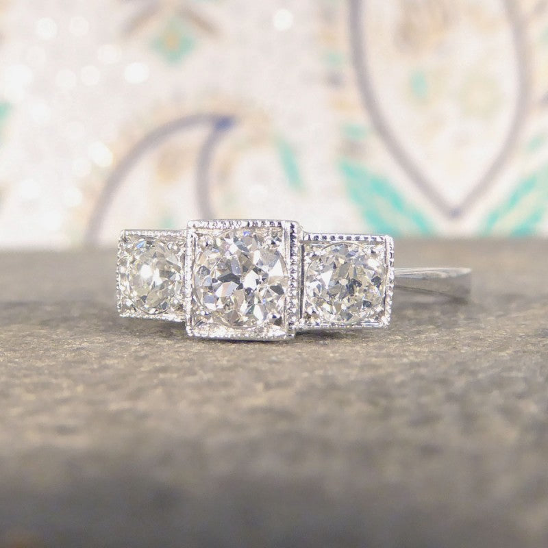 Art Deco Style 0.70ct Old Cut Diamond Three Stone Geometric Ring