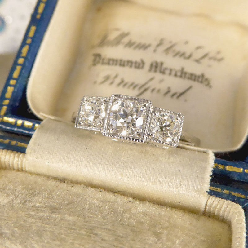 Art Deco Style 0.70ct Old Cut Diamond Three Stone Geometric Ring