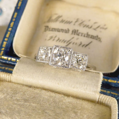 Art Deco Style 0.70ct Old Cut Diamond Three Stone Geometric Ring