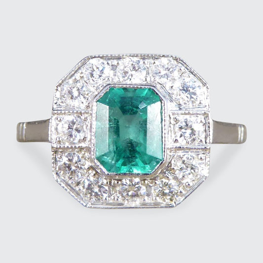 Art Deco Style 0.75ct Emerald and Diamond Cluster Ring