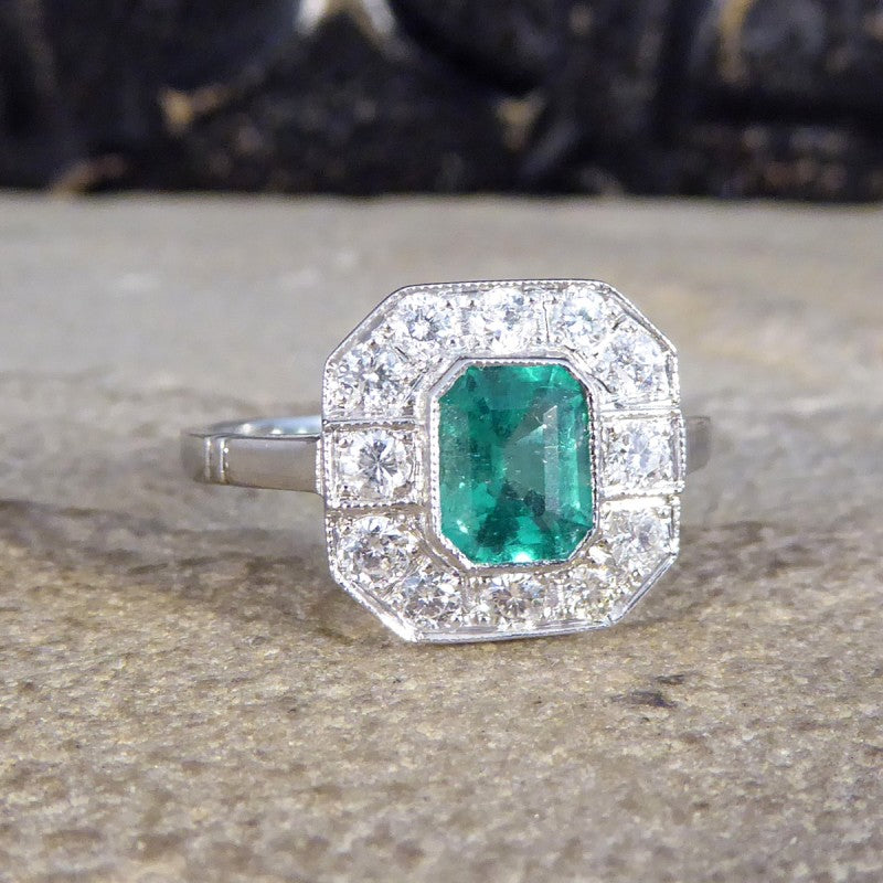 Art Deco Style 0.75ct Emerald and Diamond Cluster Ring
