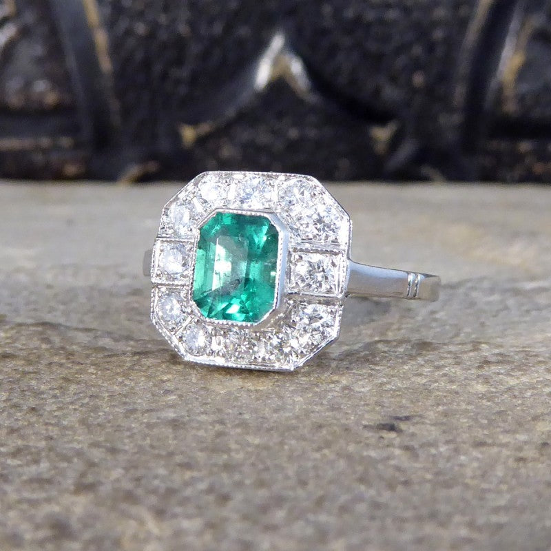 Art Deco Style 0.75ct Emerald and Diamond Cluster Ring