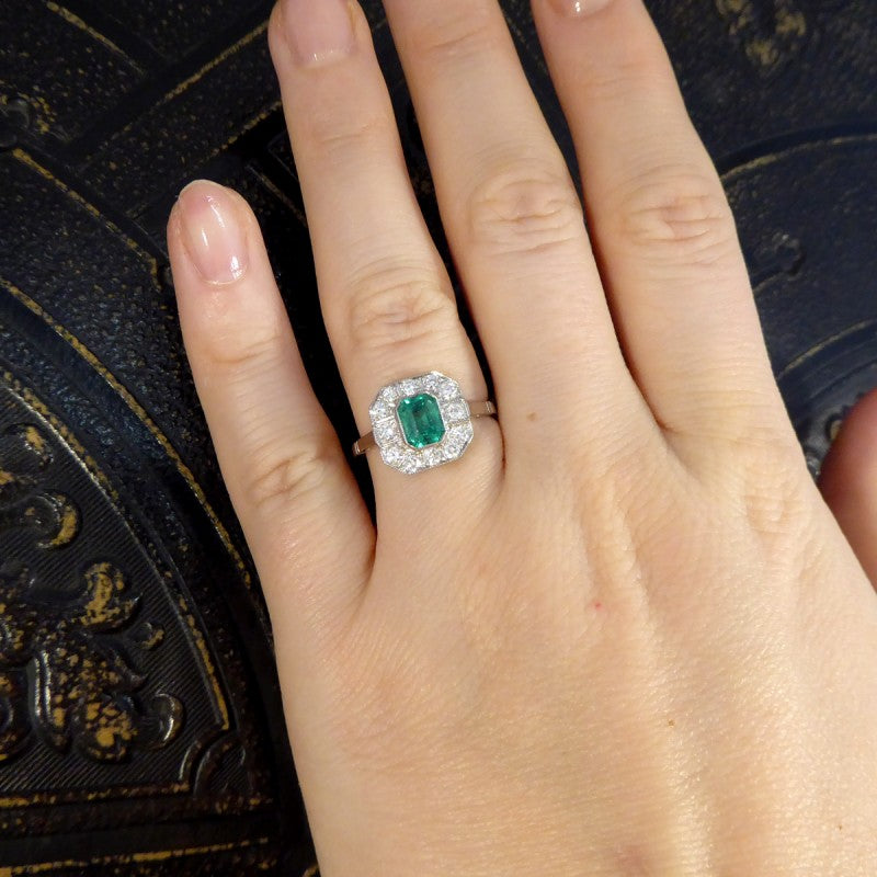 Art Deco Style 0.75ct Emerald and Diamond Cluster Ring