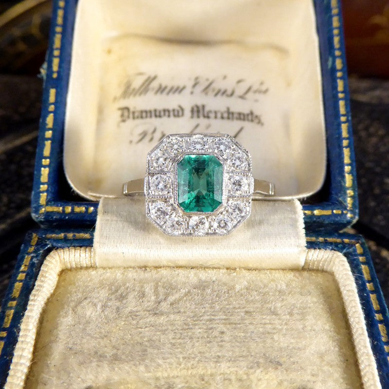 Art Deco Style 0.75ct Emerald and Diamond Cluster Ring