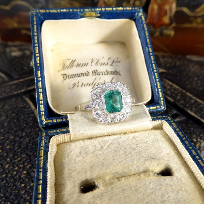 Art Deco Style 0.75ct Emerald and Diamond Cluster Ring