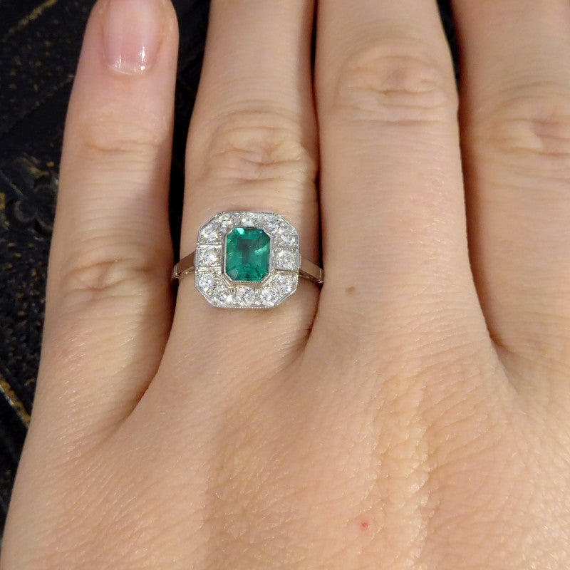 Art Deco Style 0.75ct Emerald and Diamond Cluster Ring