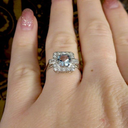 Art Deco Style 0.80ct Aquamarine and Diamond Cluster Ring