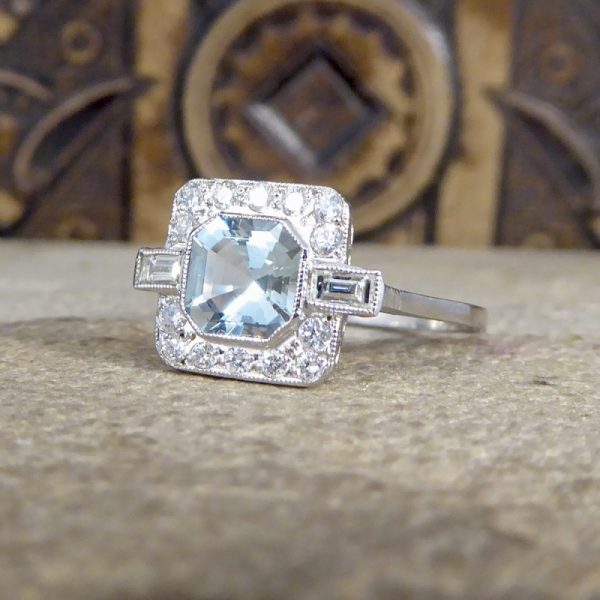 Art Deco Style 0.80ct Aquamarine and Diamond Cluster Ring