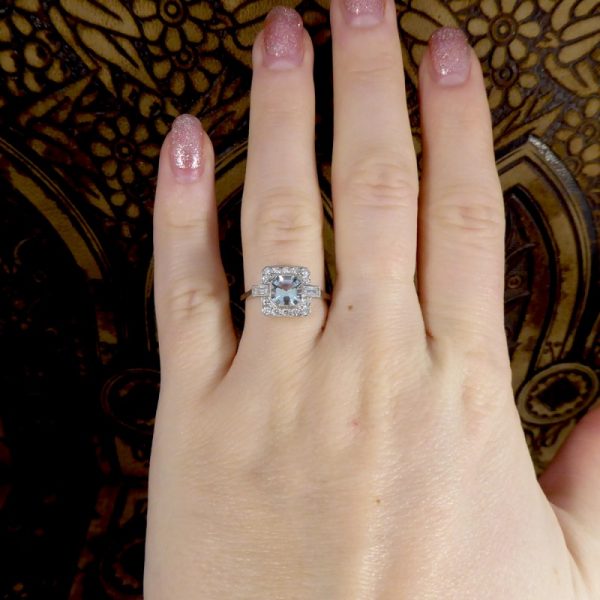Art Deco Style 0.80ct Aquamarine and Diamond Cluster Ring