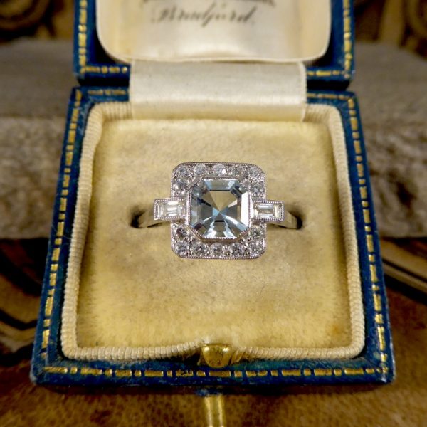Art Deco Style 0.80ct Aquamarine and Diamond Cluster Ring