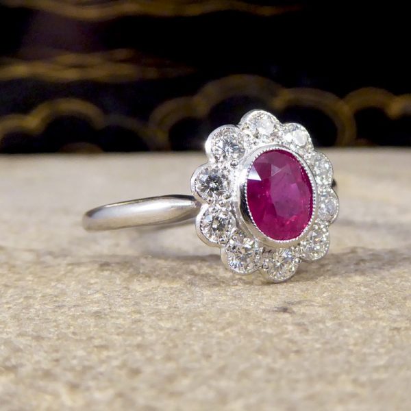 Art Deco Style 0.80ct Ruby Diamond Cluster Ring