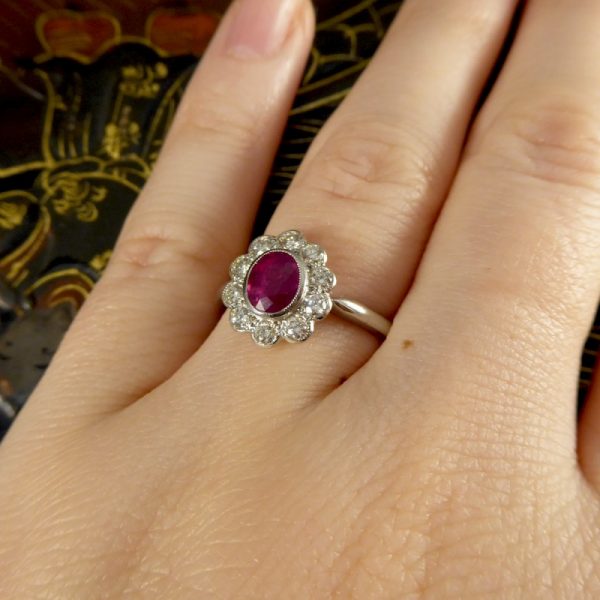 Art Deco Style 0.80ct Ruby Diamond Cluster Ring