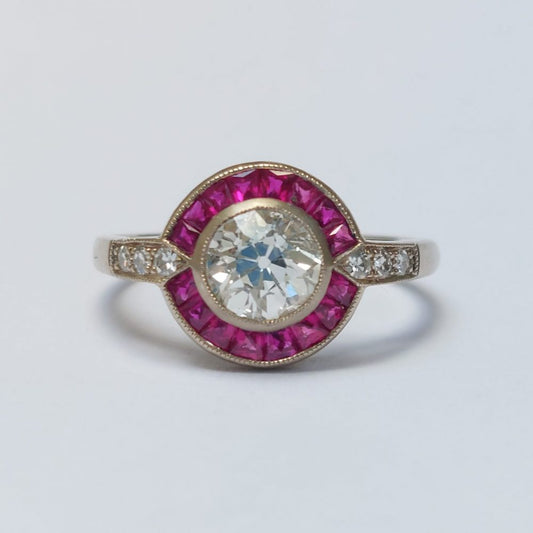 Art Deco Style 0.90ct Diamond and Ruby Target Ring