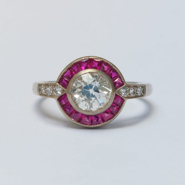 Art Deco Style 0.90ct Diamond and Ruby Target Ring