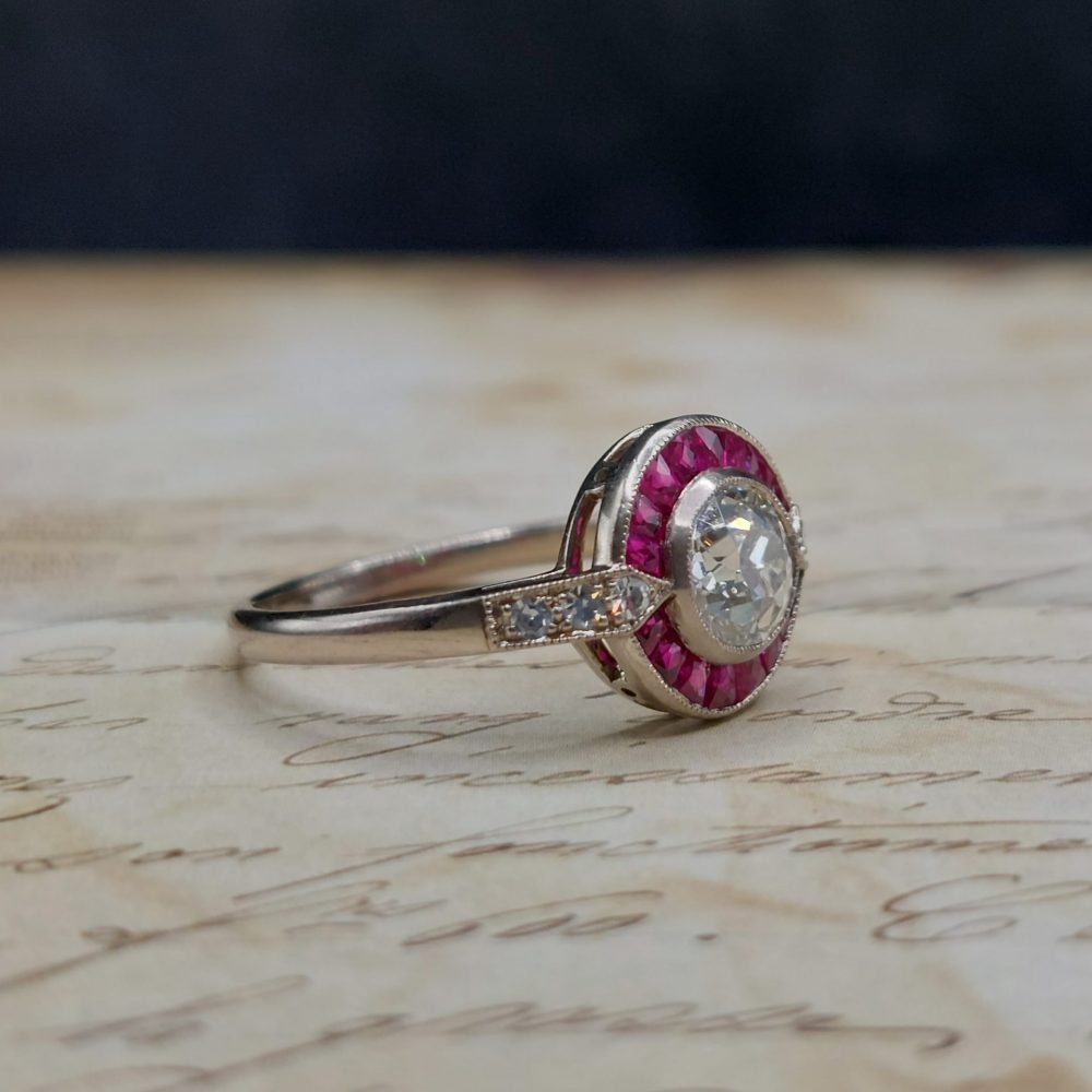 Art Deco Style 0.90ct Diamond and Ruby Target Ring