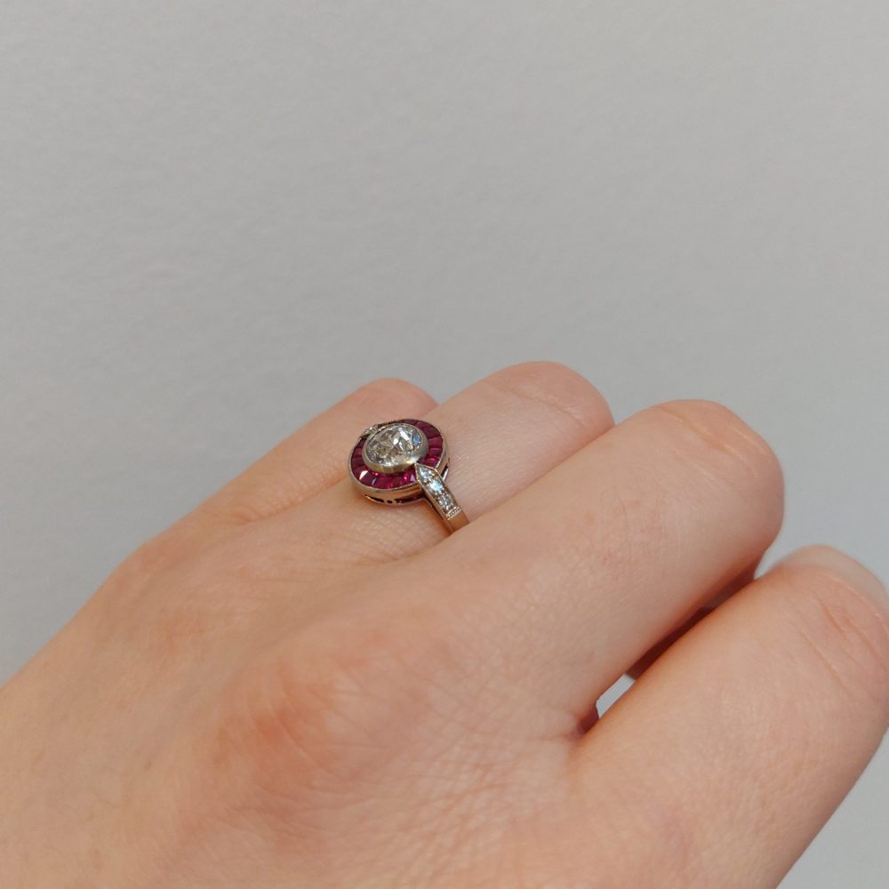 Art Deco Style 0.90ct Diamond and Ruby Target Ring