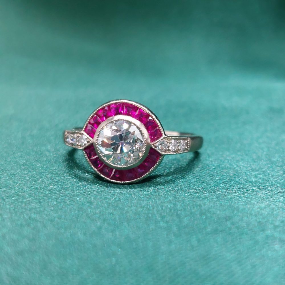 Art Deco Style 0.90ct Diamond and Ruby Target Ring