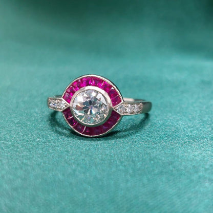 Art Deco Style 0.90ct Diamond and Ruby Target Ring