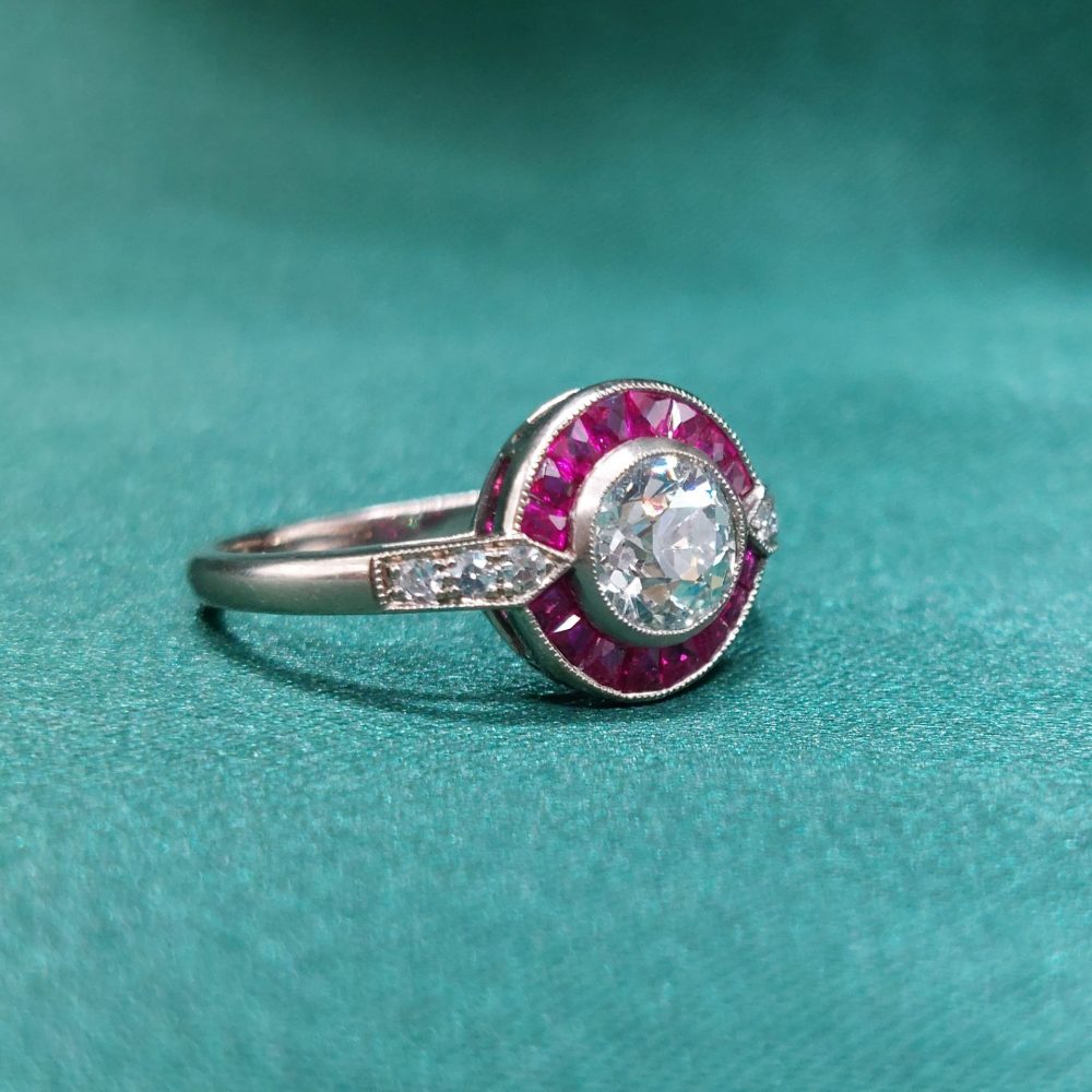 Art Deco Style 0.90ct Diamond and Ruby Target Ring