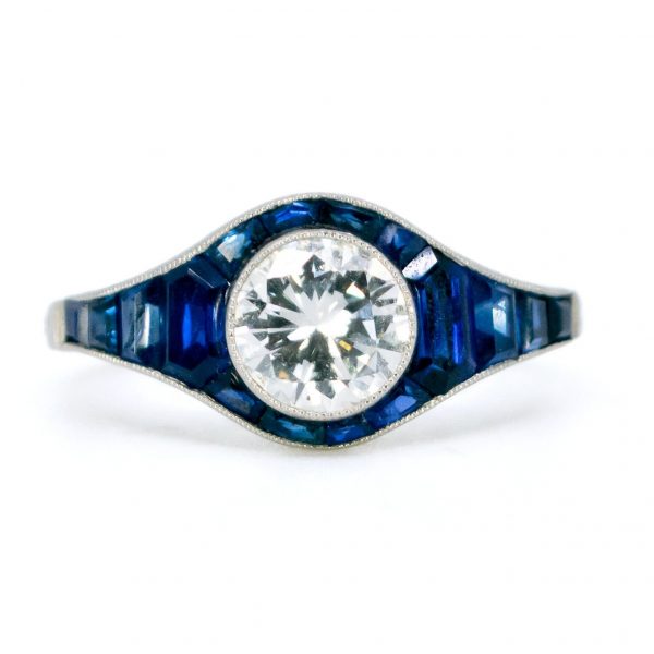 Art Deco Style 0.92ct Diamond and Sapphire Platinum Ring