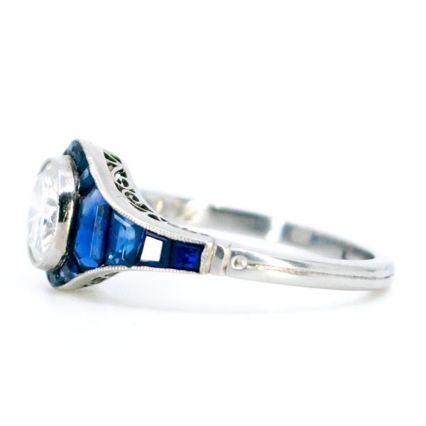 Art Deco Style 0.92ct Diamond and Sapphire Platinum Ring