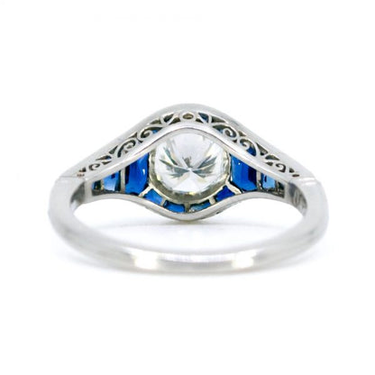Art Deco Style 0.92ct Diamond and Sapphire Platinum Ring