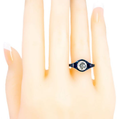 Art Deco Style 0.92ct Diamond and Sapphire Platinum Ring