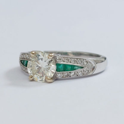 Art Deco Style 0.98ct Diamond Ring with Calibré Cut Emerald