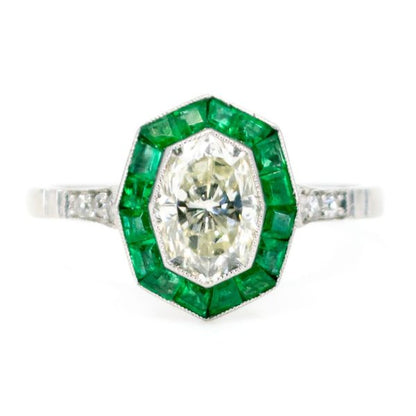 Art Deco Style 1.03ct Diamond and Emerald Target Platinum Ring