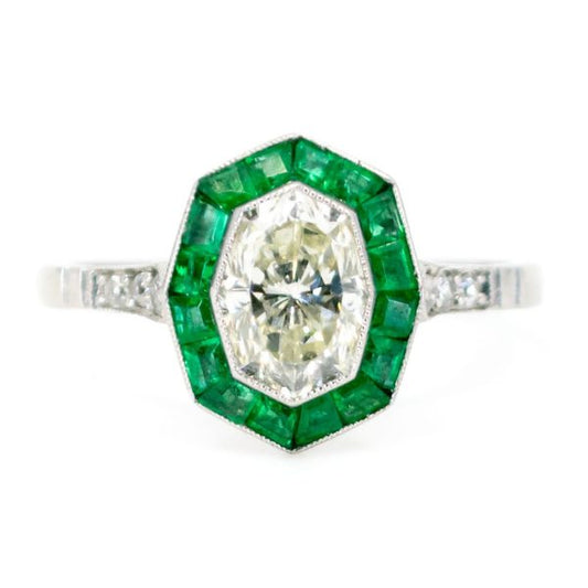 Art Deco Style 1.03ct Diamond and Emerald Target Platinum Ring