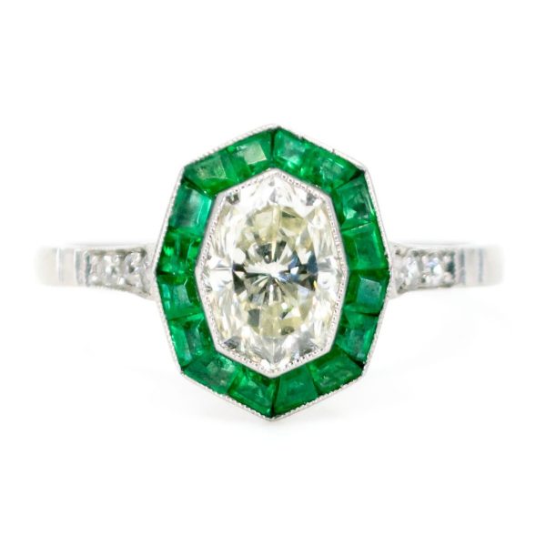 Art Deco Style 1.03ct Diamond and Emerald Target Platinum Ring