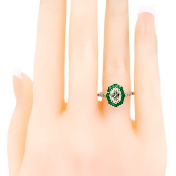 Art Deco Style 1.03ct Diamond and Emerald Target Platinum Ring