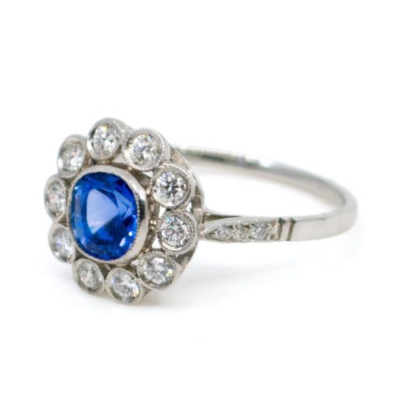Art Deco Style Sapphire and Diamond Cluster Platinum Ring