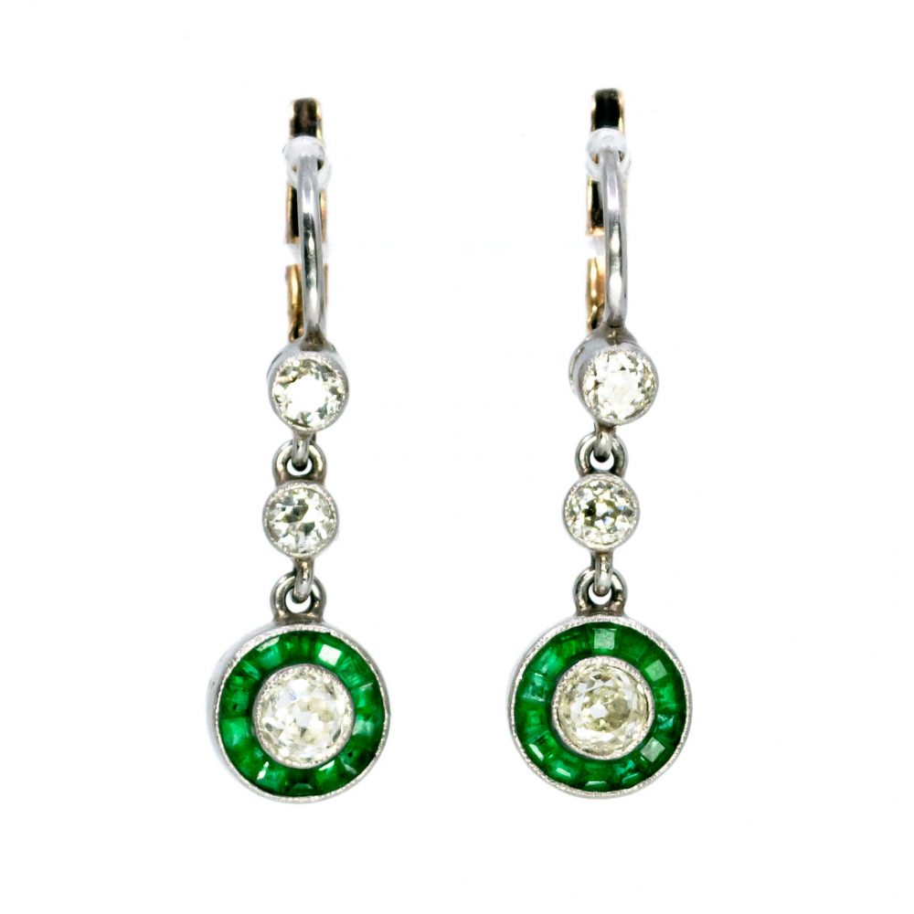 Art Deco Style 1.10ct Old Mine Cut Diamond and Emerald Drop Earrings
