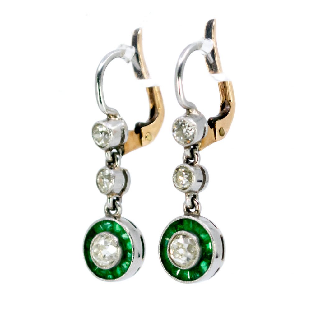 Art Deco Style 1.10ct Old Mine Cut Diamond and Emerald Drop Earrings