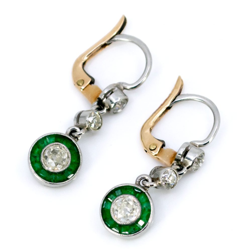 Art Deco Style 1.10ct Old Mine Cut Diamond and Emerald Drop Earrings