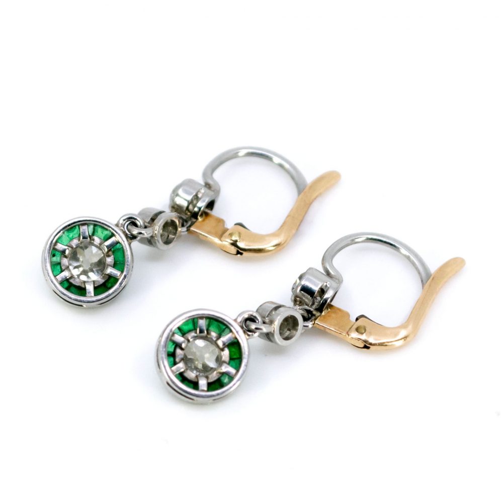 Art Deco Style 1.10ct Old Mine Cut Diamond and Emerald Drop Earrings