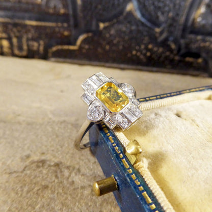 Art Deco Style 1.10ct Yellow Sapphire and Diamond Cluster Ring