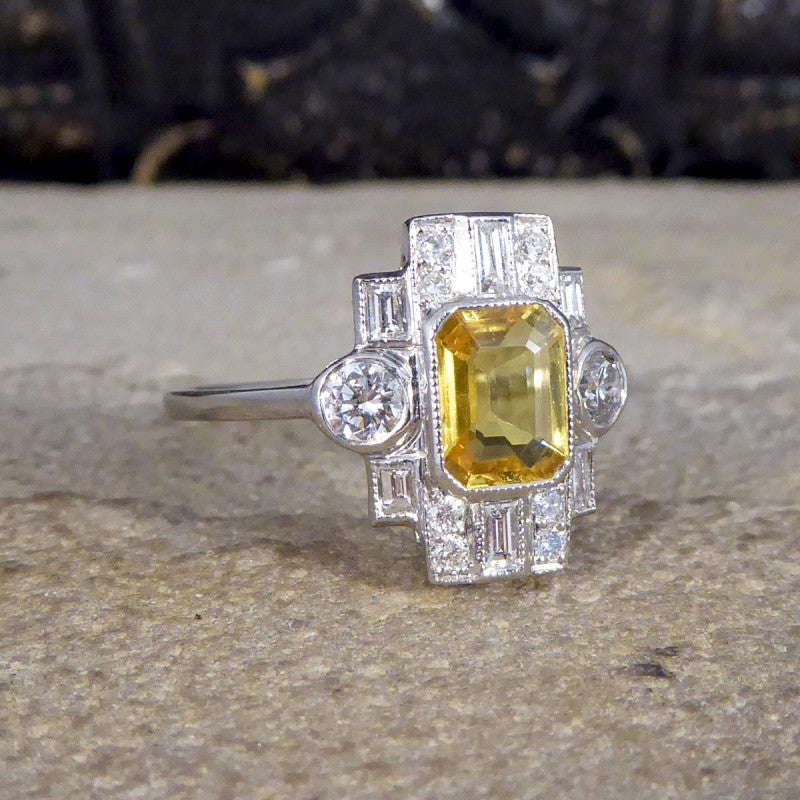 Art Deco Style 1.10ct Yellow Sapphire and Diamond Cluster Ring